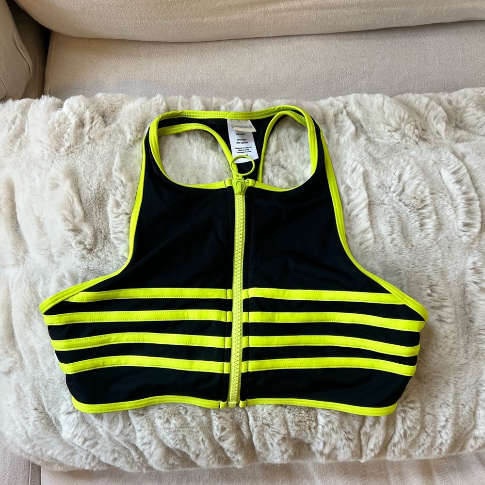 Neon Yellow Striped Zip-Up Sports Bra